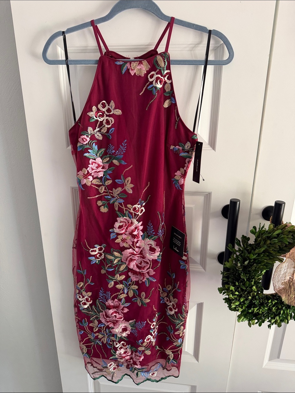 Floral Embroidered Burgundy Halter Dress small